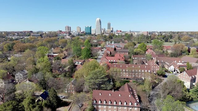 aerial over old salem in winston salem nc, north carolina