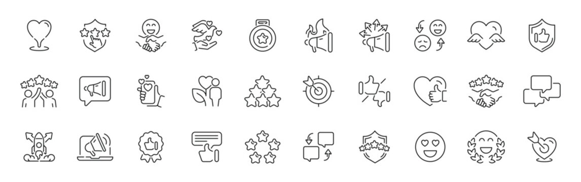 Customer feedback outline icon set: editable stroke for reviews, ratings, and emotions in thin line style