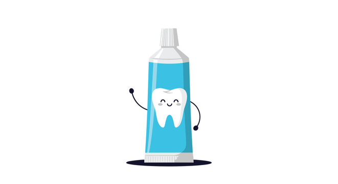 Cartoon illustration of a friendly toothpaste tube character with a smiling face and waving arms to promote dental hygiene for children.