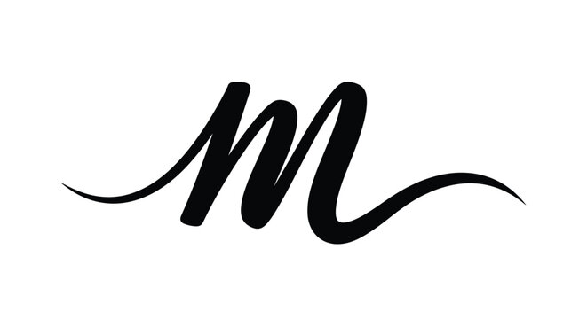 Elegant black calligraphic letter m in a flowing cursive script font isolated on a white background for logo and brand design.