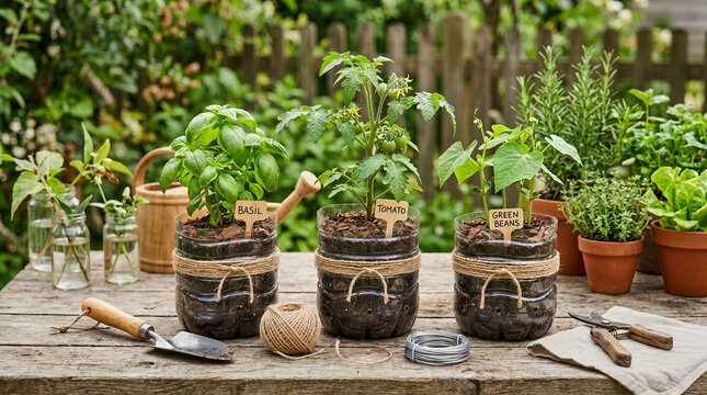 A charming sustainable home gardening setup featuring basil, tomato, and green bean plants growing in creative upcycled plastic bottle planters.