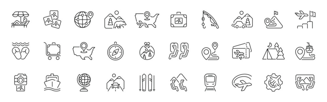 Travel and tourism outline icon set. editable thin line style for vacation, adventure, exploration