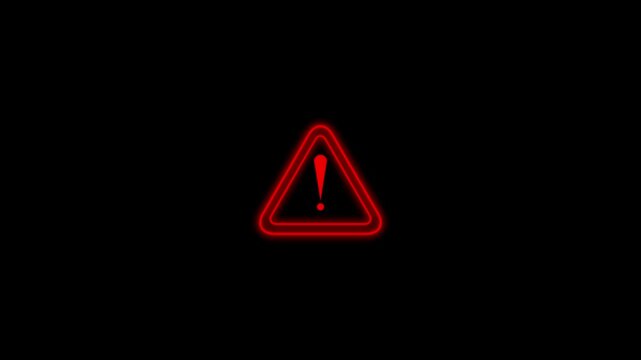 Critical warning red alert icon animation with exclamation mark on black screen in 4K