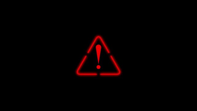 Critical warning red alert icon animation with exclamation mark on black screen in 4K