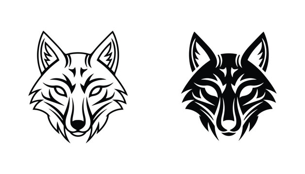 Fox head tribal style emblem set featuring sharp geometric patterns in both outline and solid black fill vector formats for modern logo design and wildlife art projects