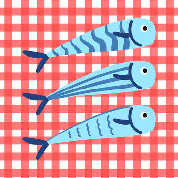 Fish Illustration with red gingham pattern dopamine color art