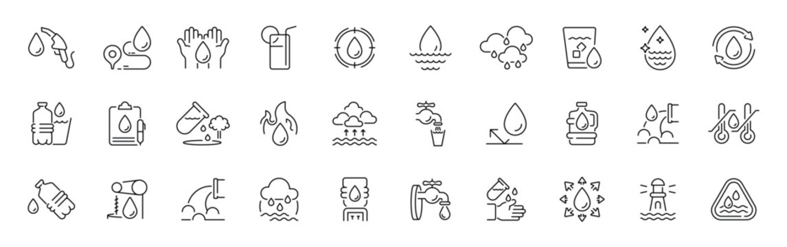 Water conservation outline icon set: thin line, editable stroke, linear style symbols