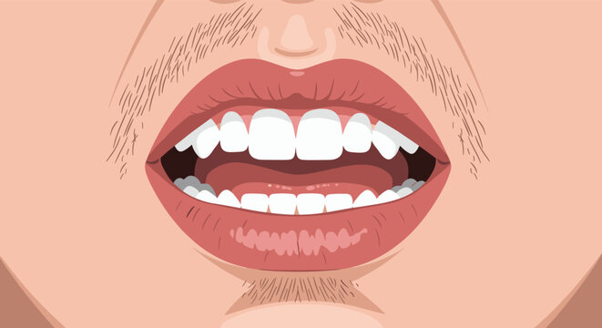 Close up illustration of an open human mouth showing white teeth and lips with slight facial hair on the chin and upper lip.