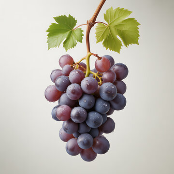 A bunch of purple grapes hangs from a vine with green leaves.