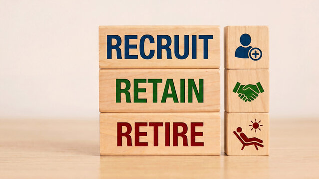 Human resources employee lifecycle framework showing recruit retain and retire stages for workforce talent management organizational planning and professional career development strategy