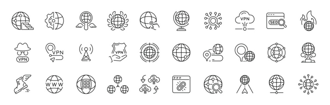 Globe linear icon set with editable thin line stroke for web vpn seo and global communication