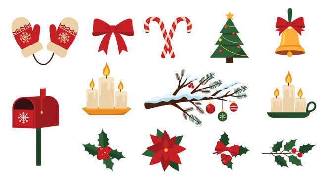 Set of colorful Christmas elements including mittens bells candles candy canes holly and a red mailbox for holiday decorations.