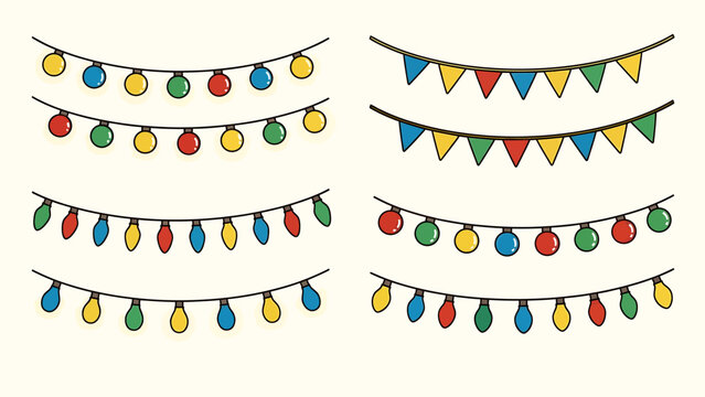 Colorful hand-drawn doodle vector festive string lights and party pennant banners for holiday decorations and celebrations