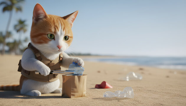 夏のビーチで日光浴や水遊びを楽しむ擬人化した猫たちの海辺のバカンス