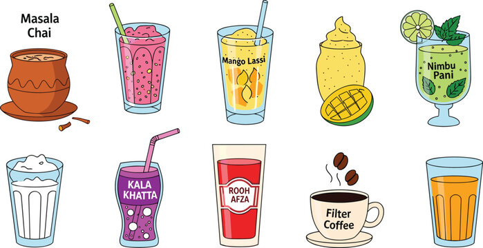 Traditional South Asian Beverage Vector Icon Set Featuring Masala Chai Mango Lassi Nimbu Pani Rooh Afza Kala Khatta and Indian Filter Coffee