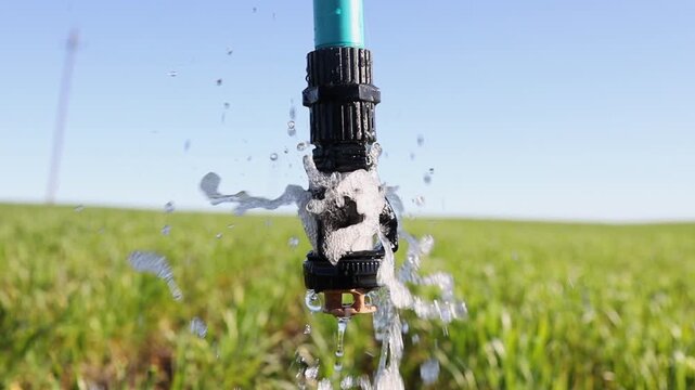 Closeup of LEPA bubble irrigation nozzle over green wheat crop field