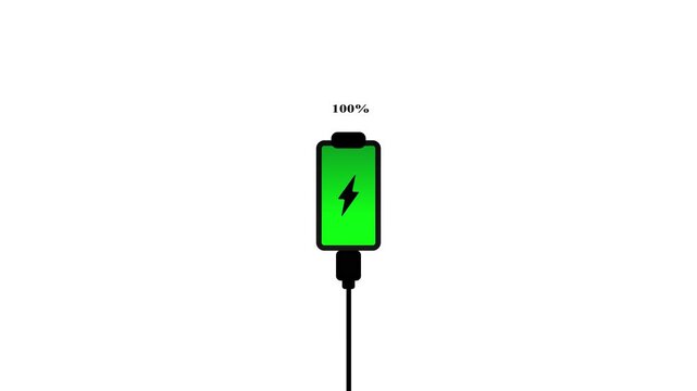 The charging process is displayed on the screen. power voltage. Smartphone charging icon 100 percent battery level lightning bolt symbol connected to black cable.