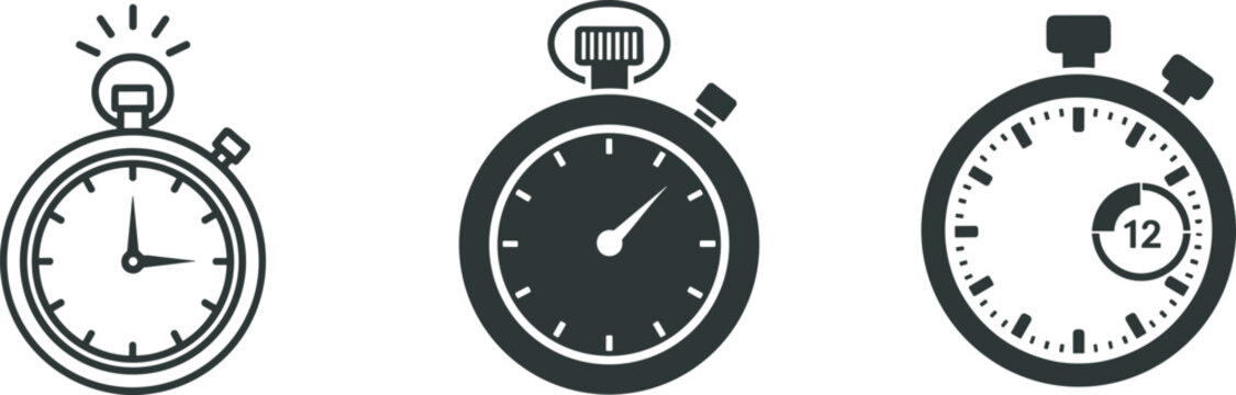 Stopwatch and timer icon set featuring mechanical analog clocks for measuring speed and performance isolated on white background cad drawing flat vector illustration for business.