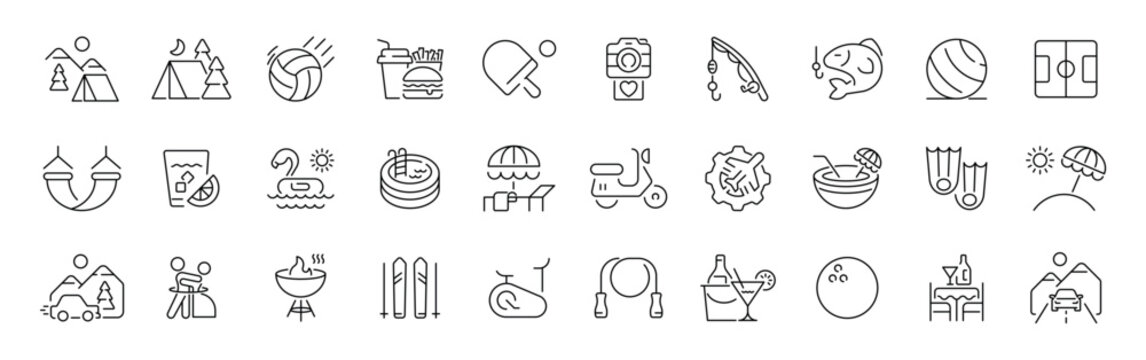 Recreational and outdoor outline icon set. editable stroke icons in modern thin line style for leisure and nature activities