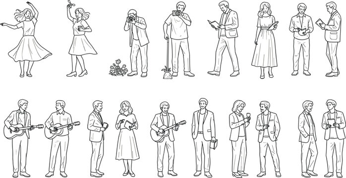 Continuous line drawing people set with musicians singers dancers and business characters minimal outline human figures vector illustration collection