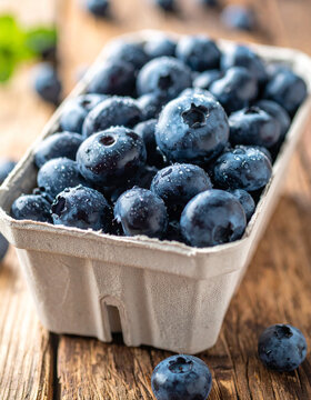 Fresh organic blueberries in a cardboard biodegradable container, wooden table, tasty and sweet natural product, healthy breakfast