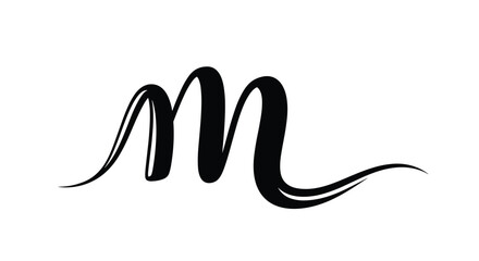 Obraz premium Elegant calligraphic letter m written with a black fluid brush stroke style featuring sweeping curves and loops on a clean white background.