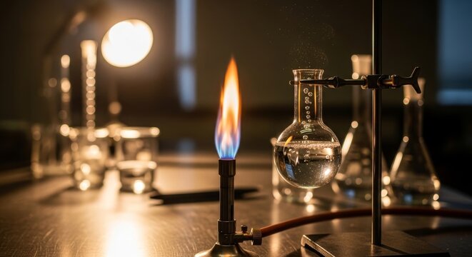 Bunsen burner heating liquid in laboratory flask