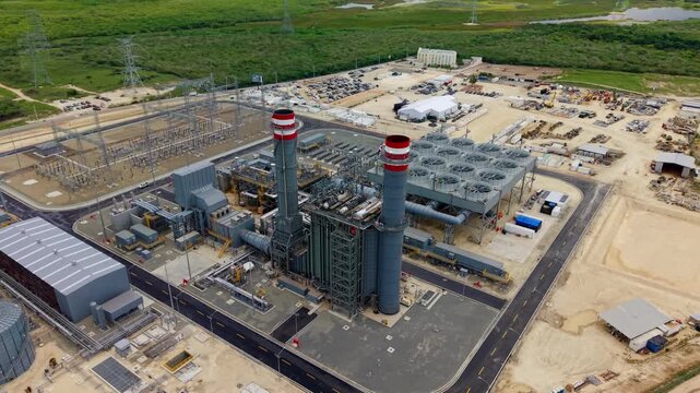 Aerial View Of Natural Gas Power Plant Under Construction In Montecristi, Dominican Republic. orbiting shot