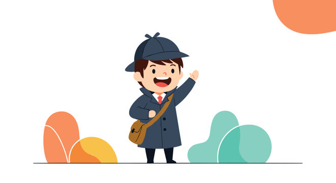Friendly young boy dressed as a detective in a grey trench coat and deerstalker hat waving his hand near colorful abstract bushes.