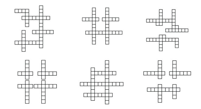 Collection of black and white crossword puzzle grids or word game layouts showing different square arrangements and connecting paths.