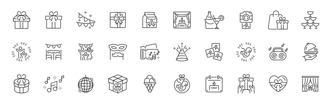 Celebration and party outline icon set. editable stroke thin line style for festive occasions