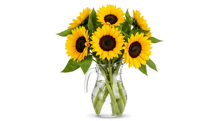 Obraz premium Bouquet of sunflowers in a glass vase with sunflowers arrangement decoration isolated background celebration botanical