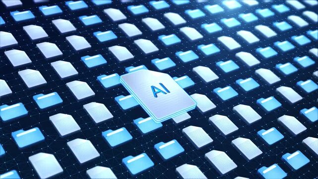 Human Hand click on Artificial Intelligence Document Folder Floating Digital Files. AI big data. folder AI glowing blue standard file directories. machine learning, data processing 3D 4K