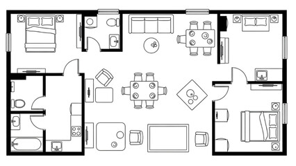 A detailed 2D AutoCAD icons layout showcases various interior designs and furniture arrangements within a spacious home. © Stock Image Paradise