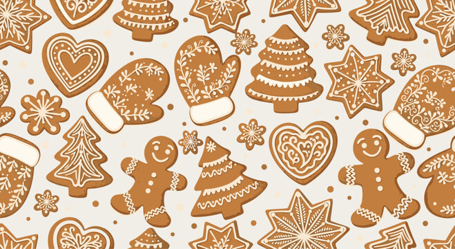 Festive seamless pattern of various decorated gingerbread cookies including stars, hearts, and trees for Christmas.