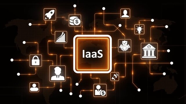 laaS Cloud Computing Infrastructure as a Service Technology on Dark Background with Glowing Blue Lines and Map