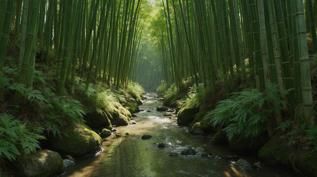 "Water stream in the beech forest. Spring nature scenery on a sunny day"