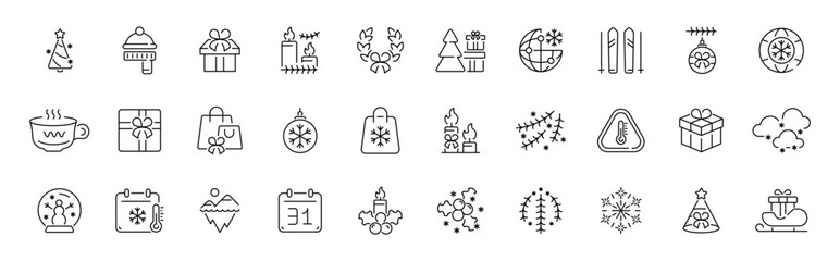 Naklejka premium Christmas and winter holiday outline icon set in thin line style with editable stroke