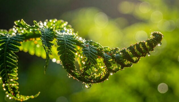 Fresh green fern leaf with morning dew droplets in soft natural light