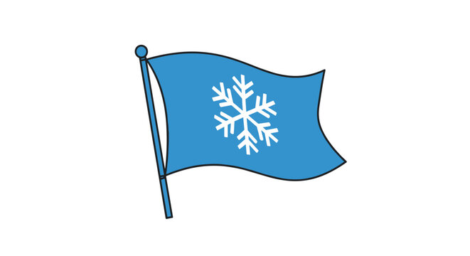 Simple blue flag featuring a large white snowflake symbol on a dark blue pole isolated against a plain white background.