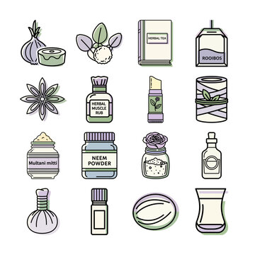 Herbal spa elements in outline style or Natural therapy icons in linear design