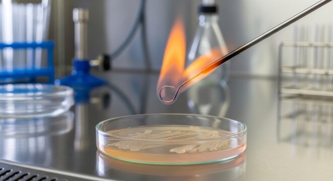 Laboratory scientist sterilizes inoculation loop over petri dish