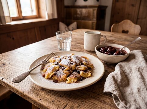 Kaiserschmarrn mit Rosinen und Zwetschgenkompott auf Keramikteller in urigen Alpenstube