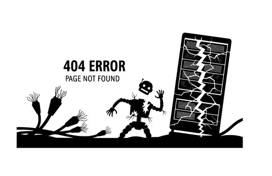404 Error Page Not Found Website Banner Silhouette. Black Vector Silhouette of Disconnected Cables, Broken Robot and Server.