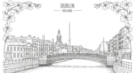 Fototapeta premium Dublin cityscape line art with Hapenny Bridge Spire and shamrock borders