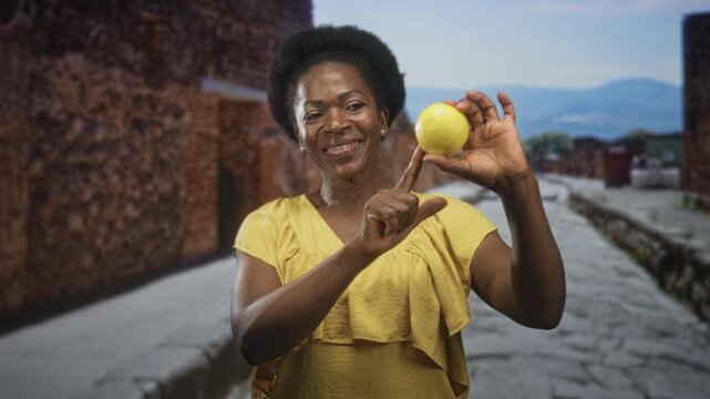 Woman smiling while holding a lemon with raised hand and pointing finger on a sunlit cobblestone street with stone buildings visible; joy health.