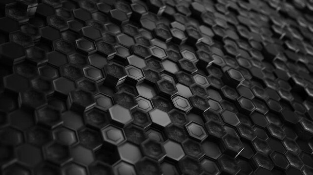 Metallic Futuristic Dark Hexagonal Grid technology surface depth reflections. industrial visuals, futuristic backgrounds, engineering themes, or modern abstract motion design projects. hexagon