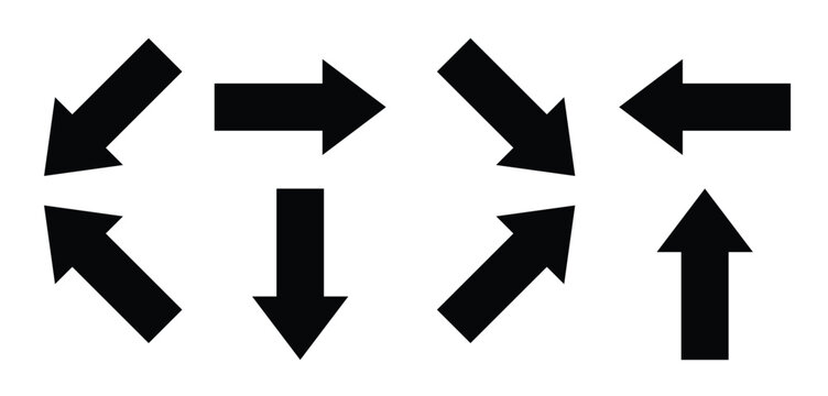 Minimalist black vector arrow icons set for navigation, interface design, and direction signs. A collection of eight solid black arrows are displayed on a white background, vector illustration.