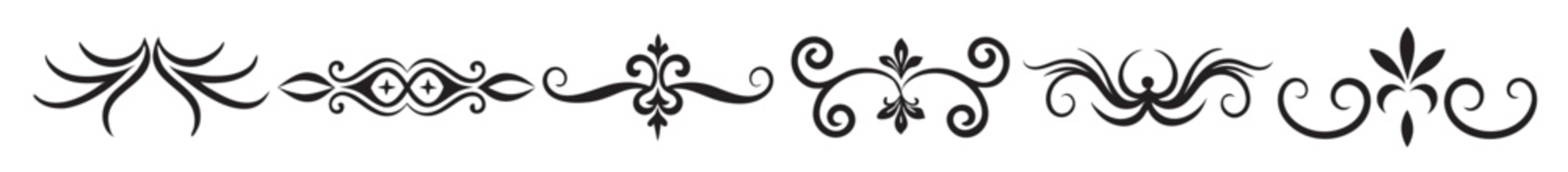 Decorative borders and dividers collection with elegant swirls and ornate designs for various creative projects. Collection of elegant decorative dividers and flourishes in black and white design, vec