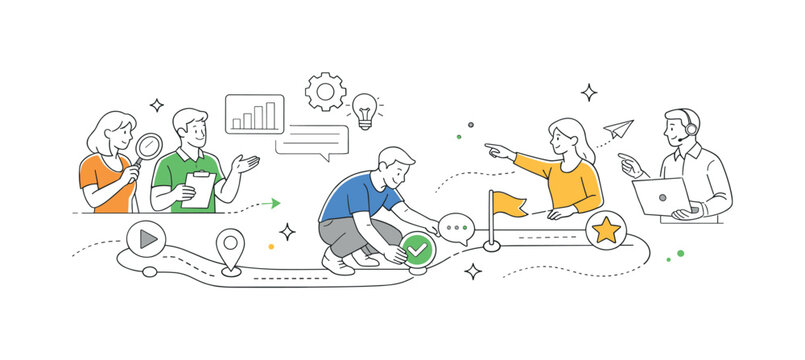 Individual analyzing and improving user behavior patterns within an application interface, visualized through a metaphor of a path with clickable icons and progress